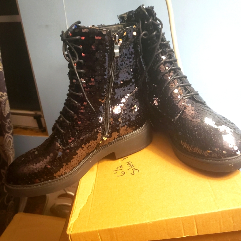 Black sequin combat boots